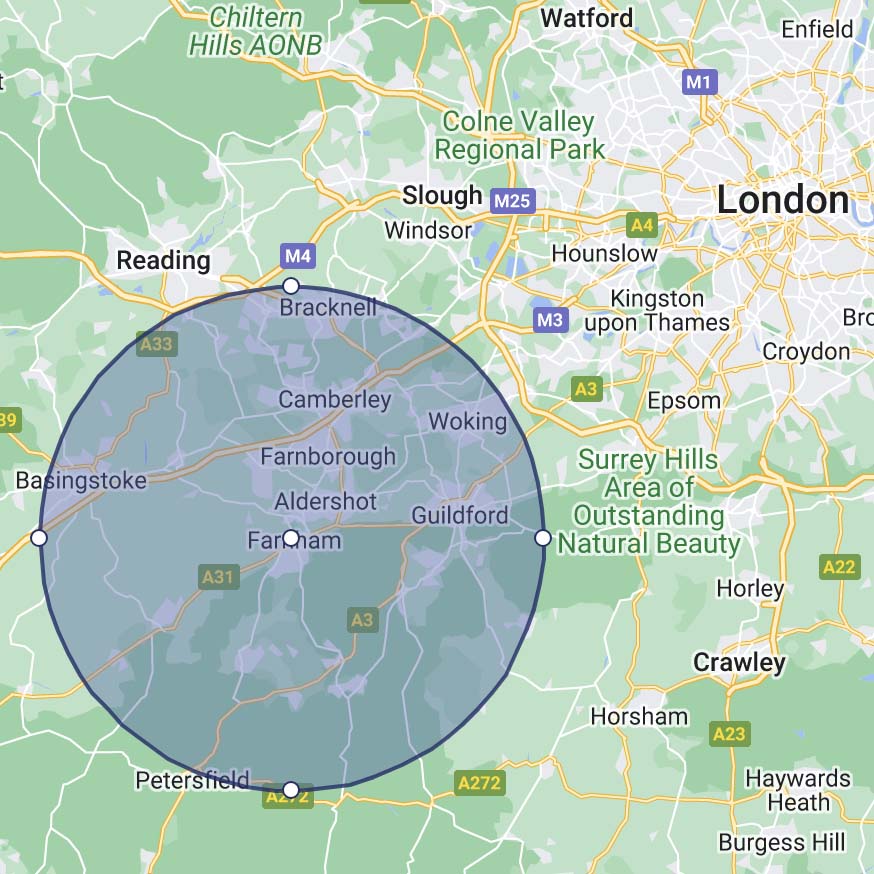 Map displaying a 15 mile radius around Farnham in Surrey